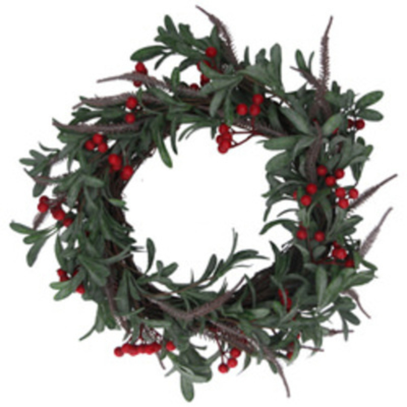 Red and green Christmas Door Wreath decorated with green leaves and red berries on a twig style wreath. Made by London based designer Gisela Graham who designs really beautiful and unusual Christmas decorations and gifts for your home.Ê Would suit any Christmas decor and would make a lovely Christmas gift. Remember Booker Flowers and Gifts for Gisela Graham Christmas Decorations.